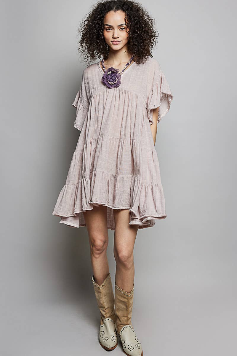 Fiona Feminine V-neck Ruffle Shirring Detail Dress ~ Blush