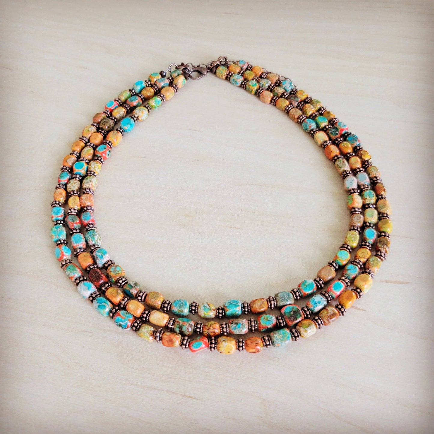 Triple Strand Layered Boho Sunrise Regalite Necklace