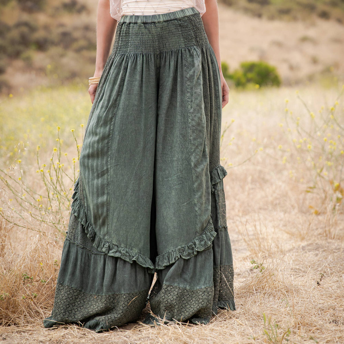 Boho Smocked Mineral Wash Lace Tiered Ruffle Pants ~ Basil