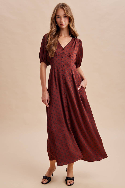 Melanie Satin Polka Dot Button Down Dress ~ Bordeaux
