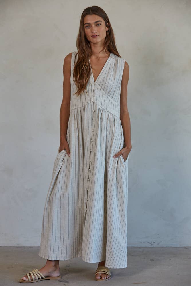 Skylar Linen Cotton Striped Maxi Dress ~ Natural