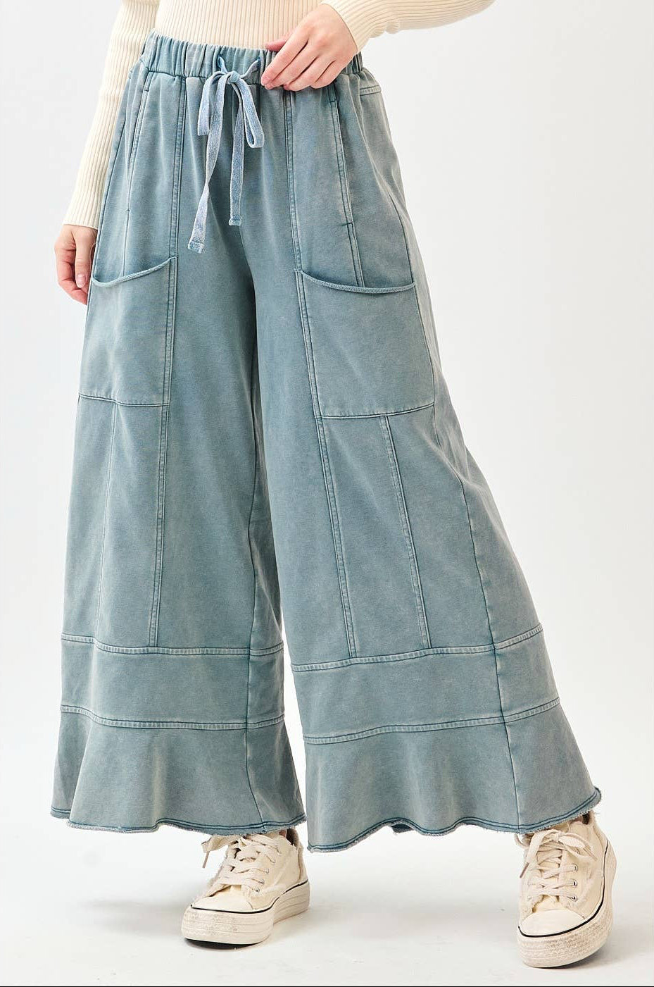 Millie Mineral Wash Ruffle Wide Leg Pants ~ Misty Blue
