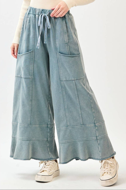 Millie Mineral Wash Ruffle Wide Leg Pants ~ Misty Blue