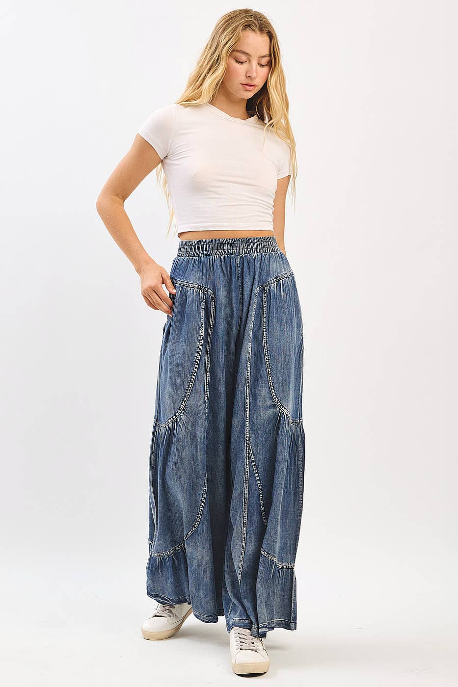 Katie Washed Chambray Wide Leg Pants ~ Dark Denim