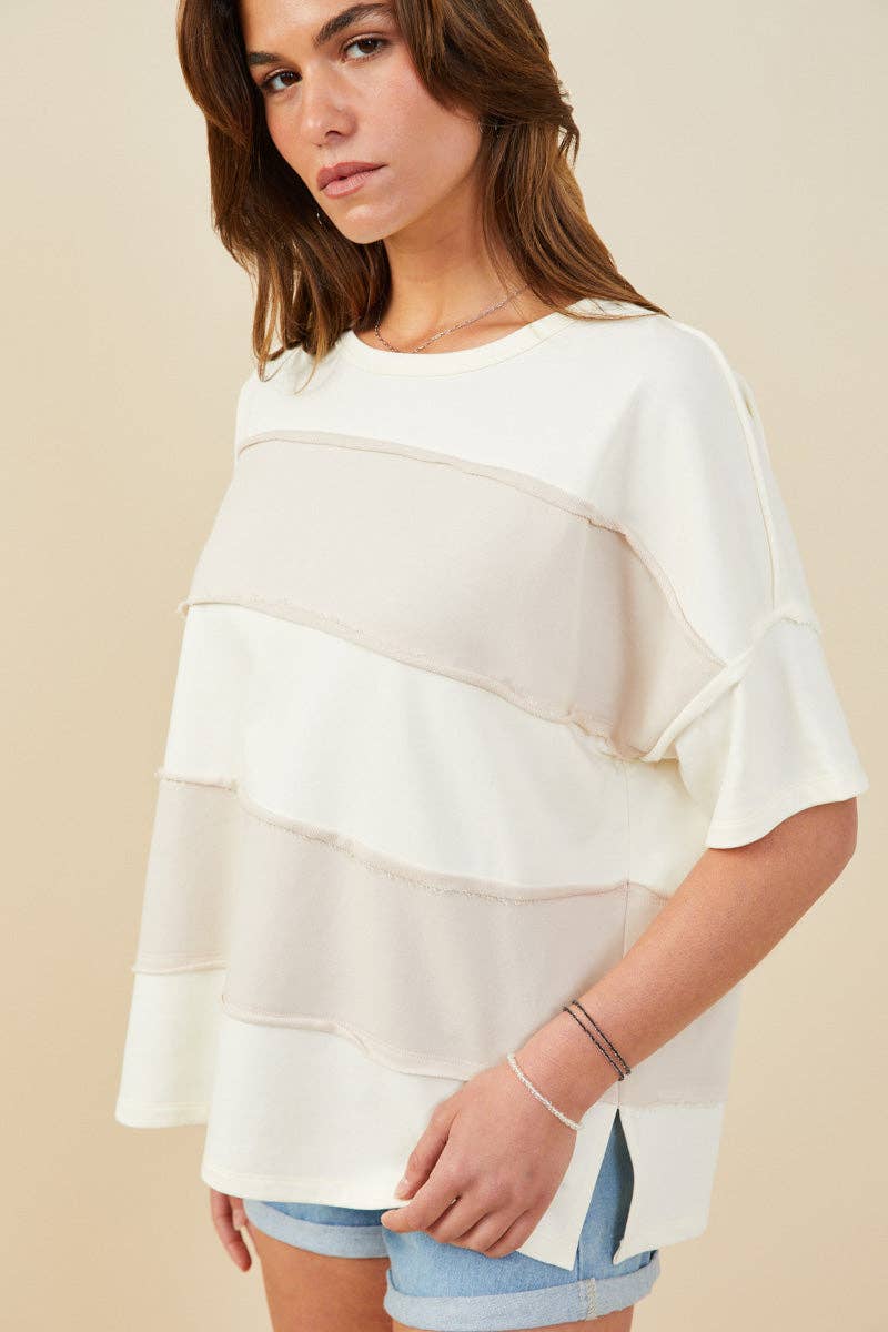 Regan Raw Edge Detail Color Block Top ~ Taupe/Cream