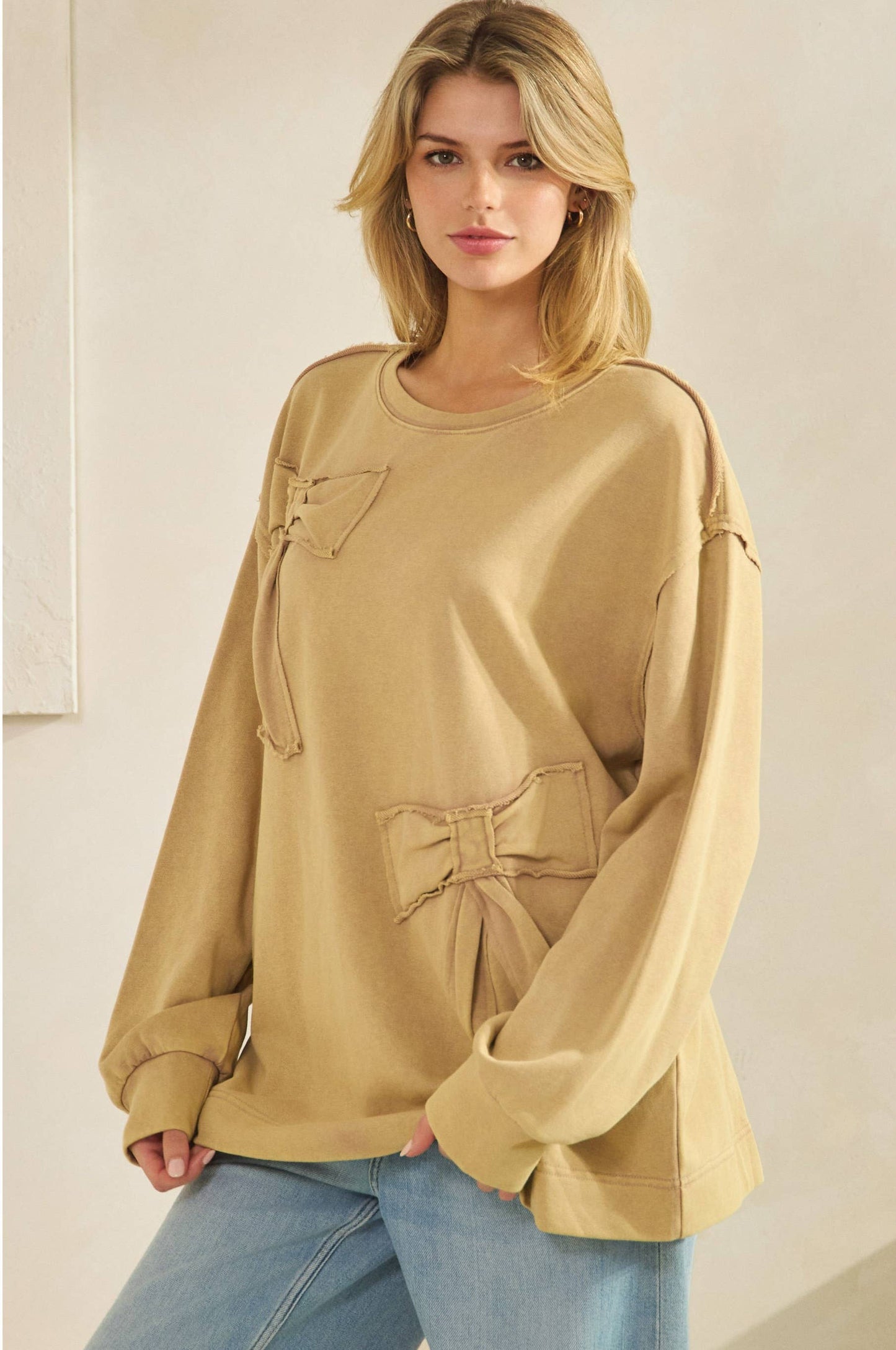 Flora French Terry Bow Pullover ~ Taupe
