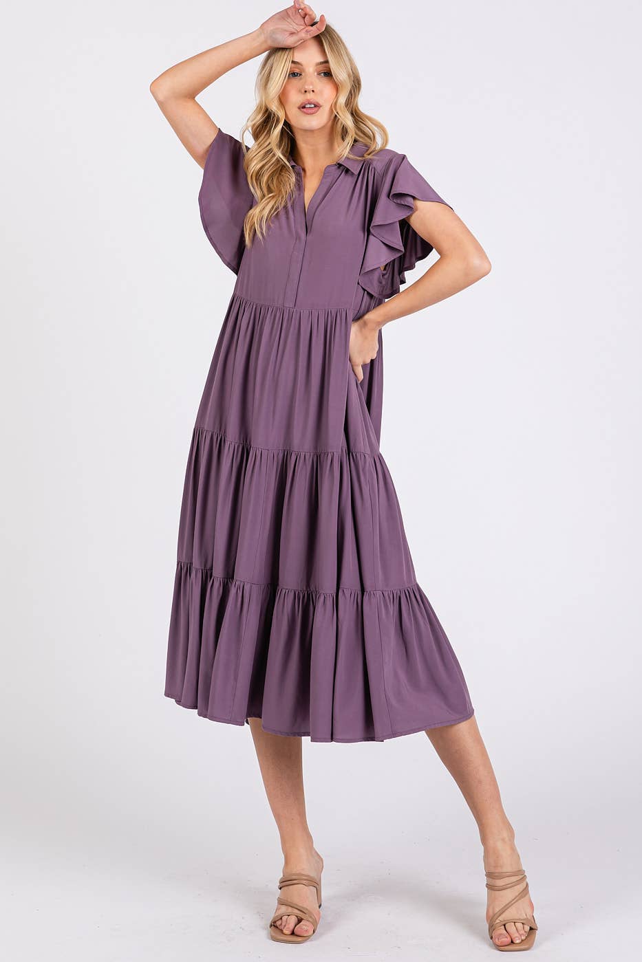 Rowan Ruffle Sleeve Collared Midi Dress ~ Faded Plum