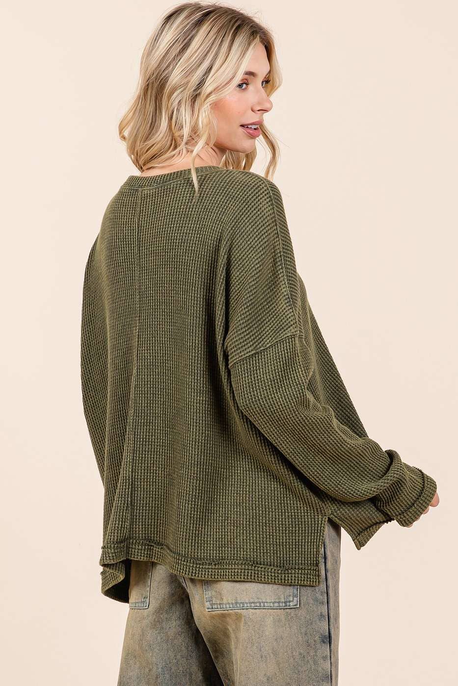 Myra Mineral Wash Cutout Pocket Waffle Top ~ Olive