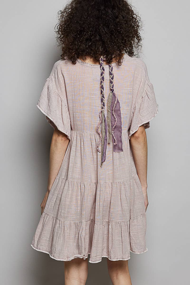 Fiona Feminine V-neck Ruffle Shirring Detail Dress ~ Blush