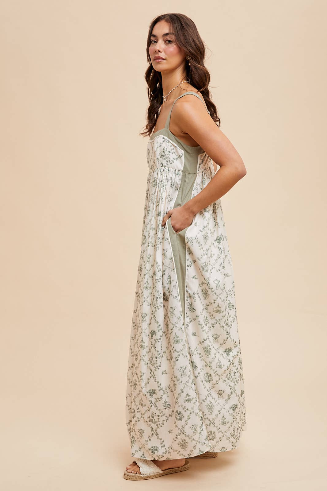 Thea Toile Print Strapy Maxi Dress ~ Natural/Olive