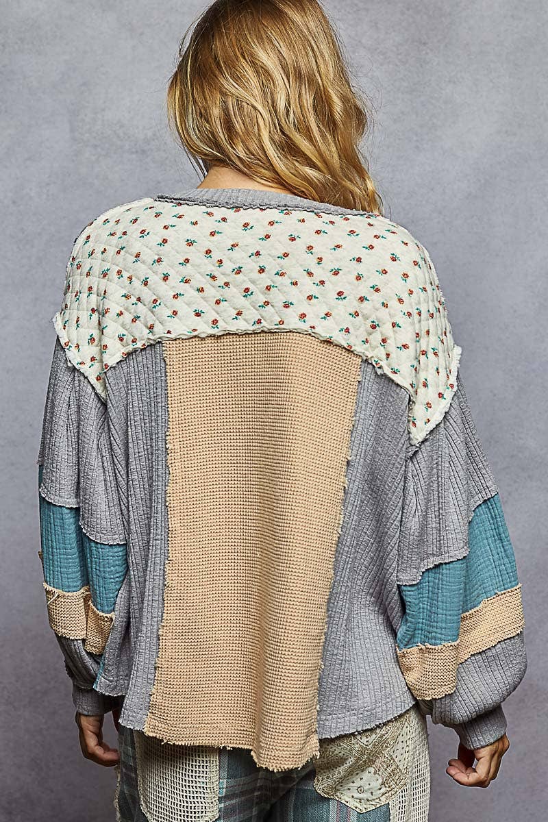 POL Gauze Contrast Quilted Rib Knit Top ~ Azure Blue