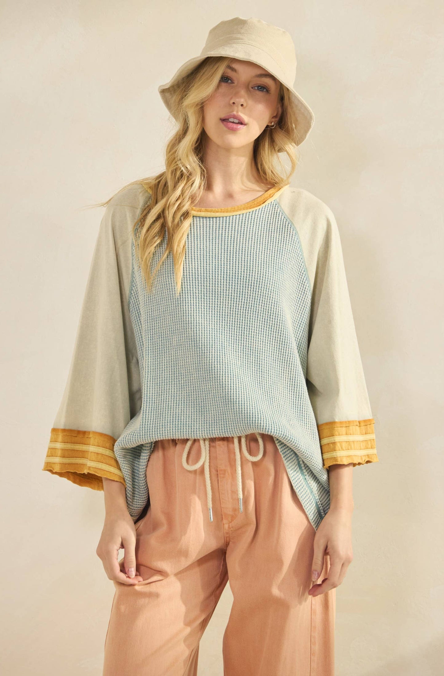 Bonnie Boho Waffle Knit Raglan Top ~ Dusty Blue