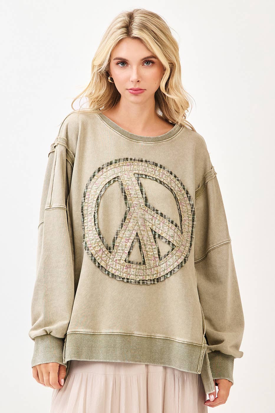 Parker Peace Sign Patch Mineral Wash Pullover ~ Olive