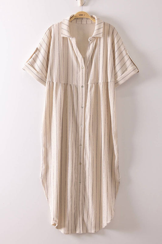 Shelia Striped Linen Midi Button Down Shirt Dress ~ Oatmeal