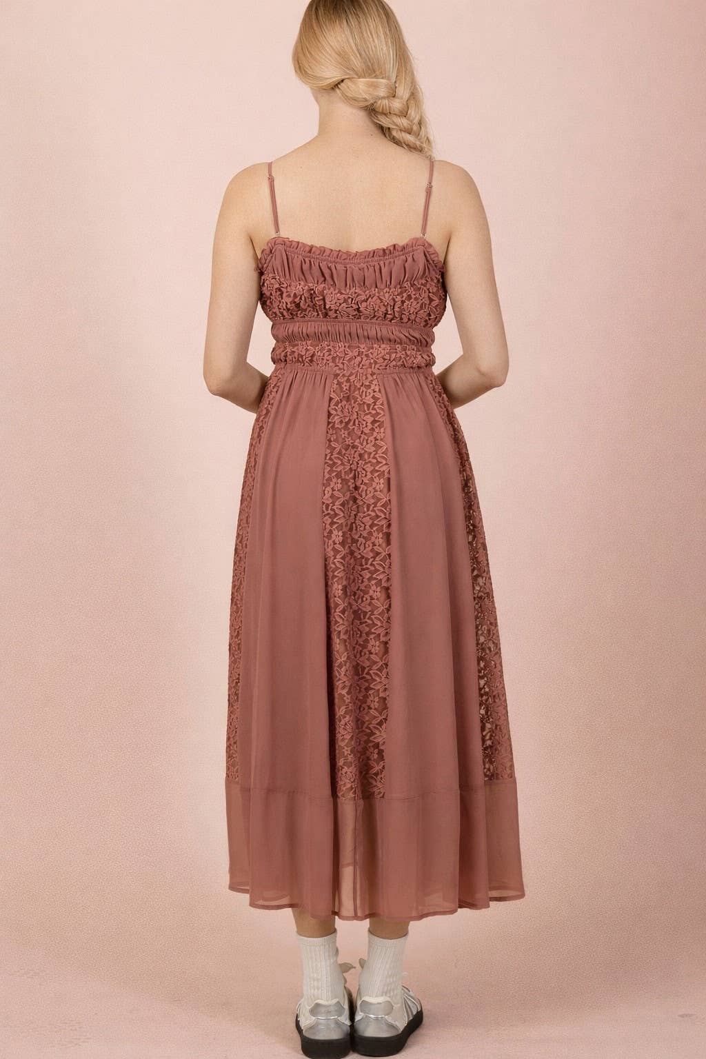 Lucia Lace Detail Solid Midi Dress ~ Dark Mauve