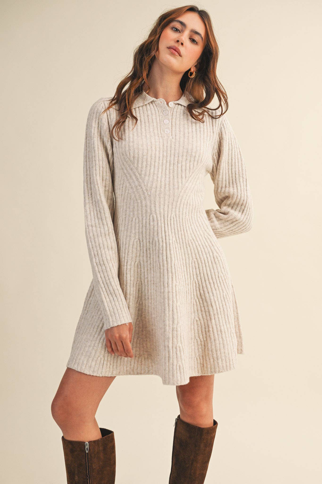 Ruby Ribbed Sweater Flared Mini Dress ~ Oatmeal