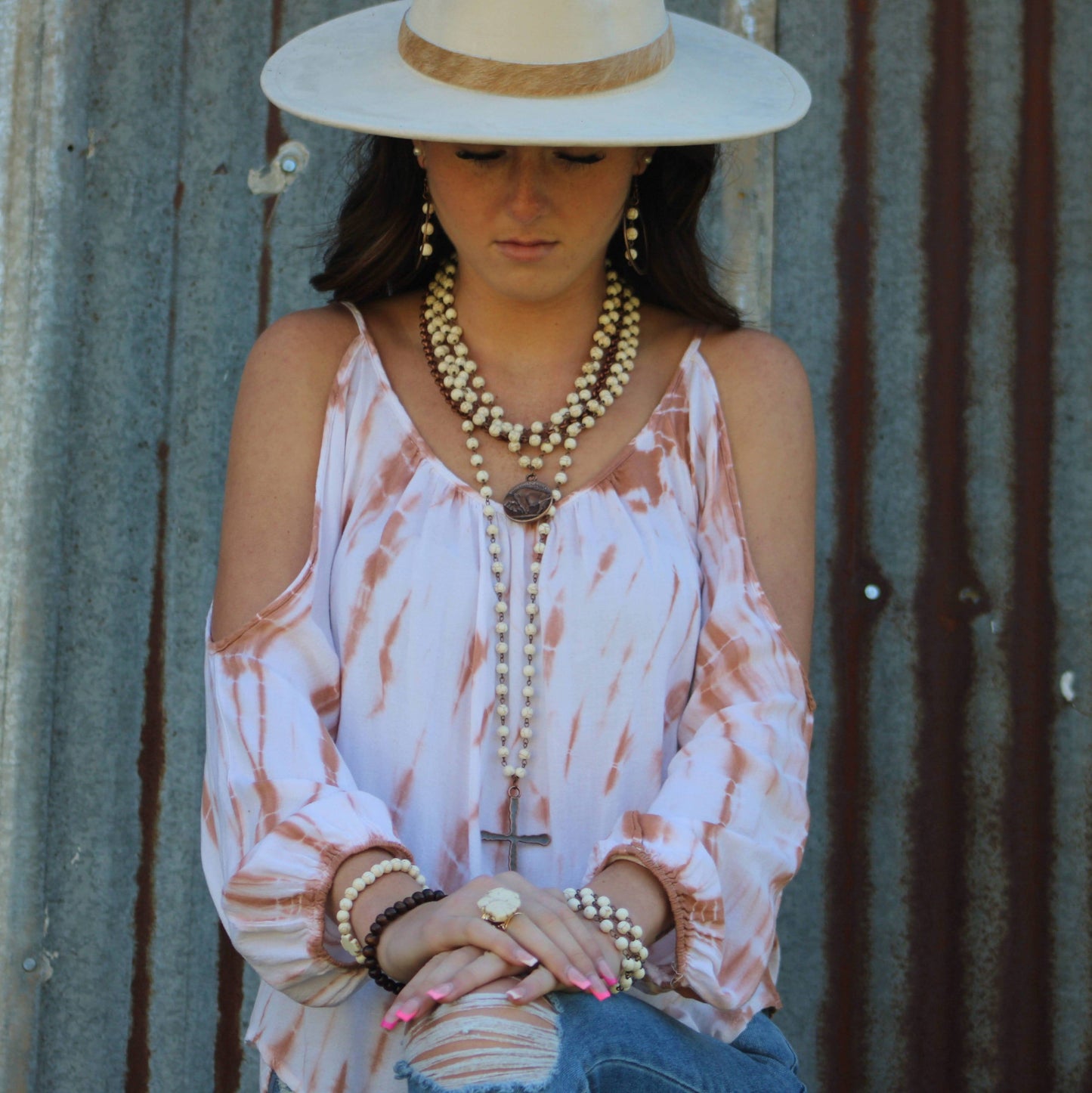 White Turquoise Long Beaded Cross Necklace