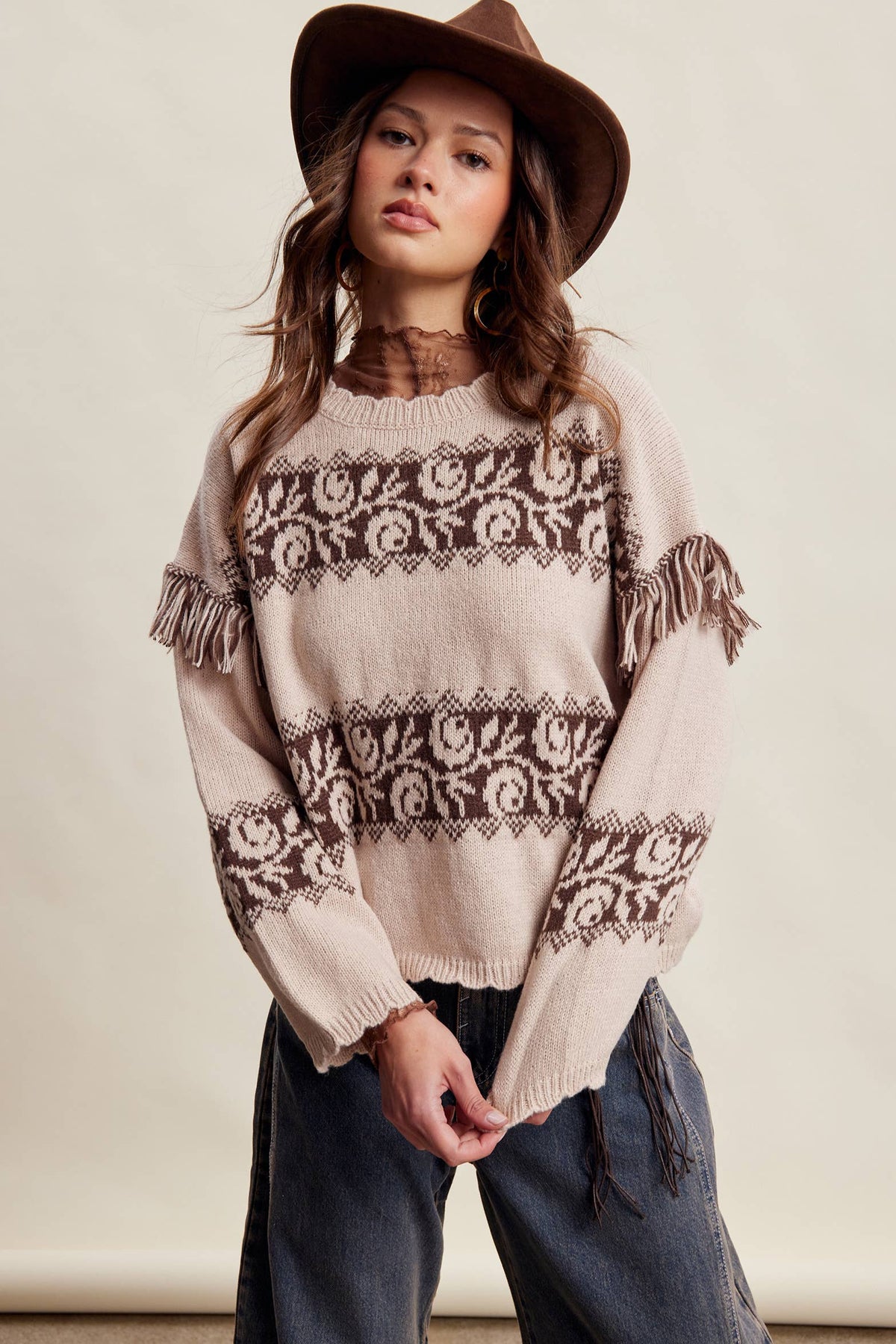 Whitney Western Fringe Pattern Knit Sweater ~ Sand Stone
