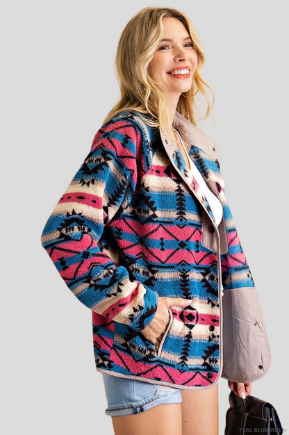 Alice Aztec Fleece Snap Button Jacket ~ Teal/Blue