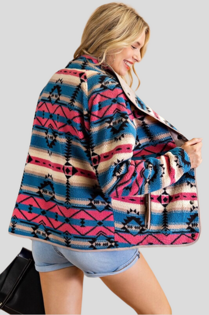 Alice Aztec Fleece Snap Button Jacket ~ Teal/Blue