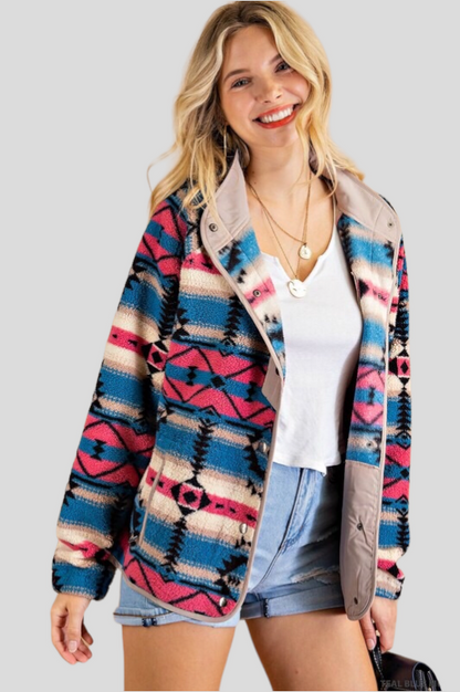 Alice Aztec Fleece Snap Button Jacket ~ Teal/Blue