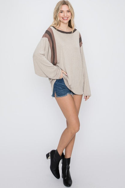 Odette Stripe Trim Top ~ Mocha