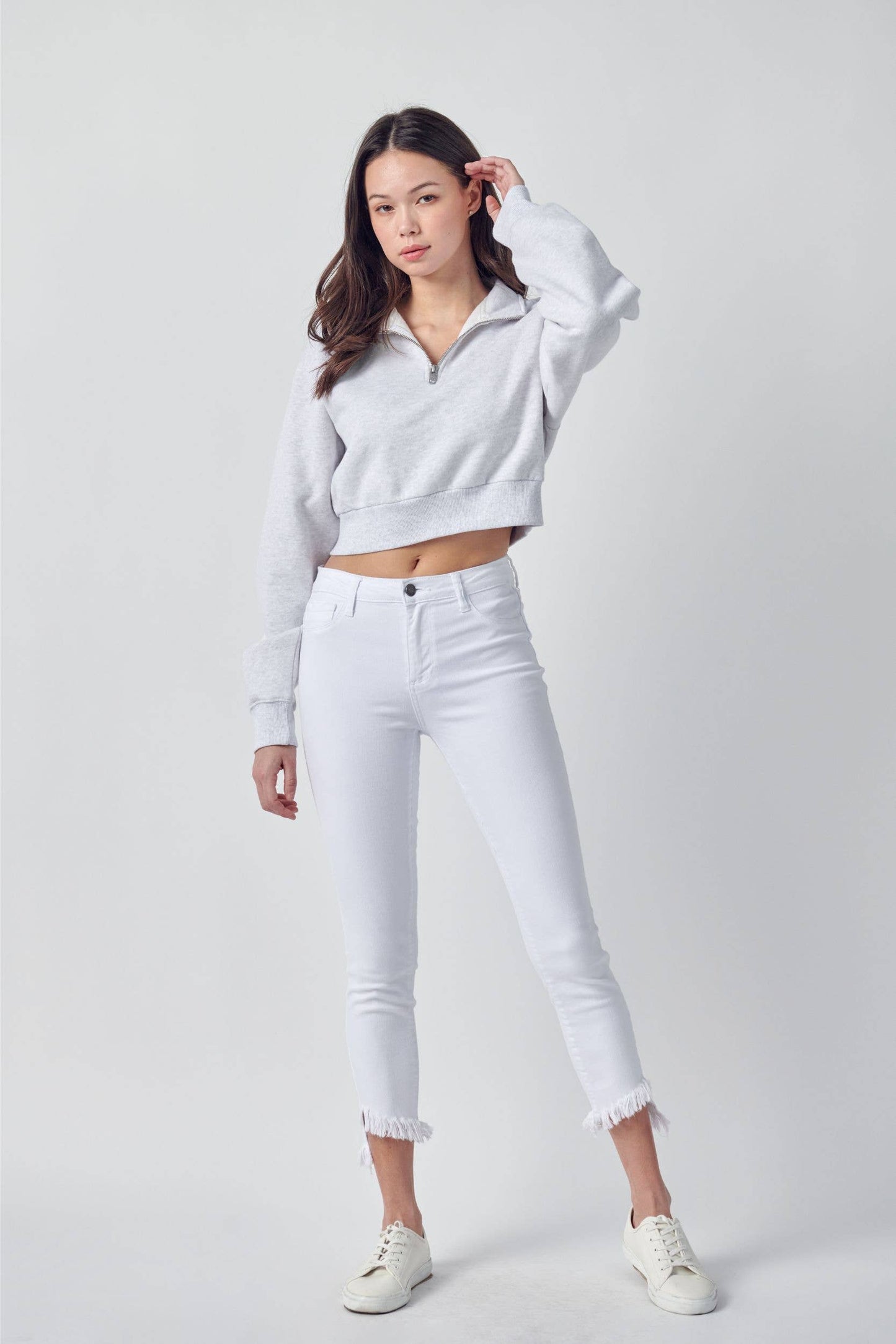 Hailey Mid Rise Fray Hem Crop Skinny Jeans ~ White