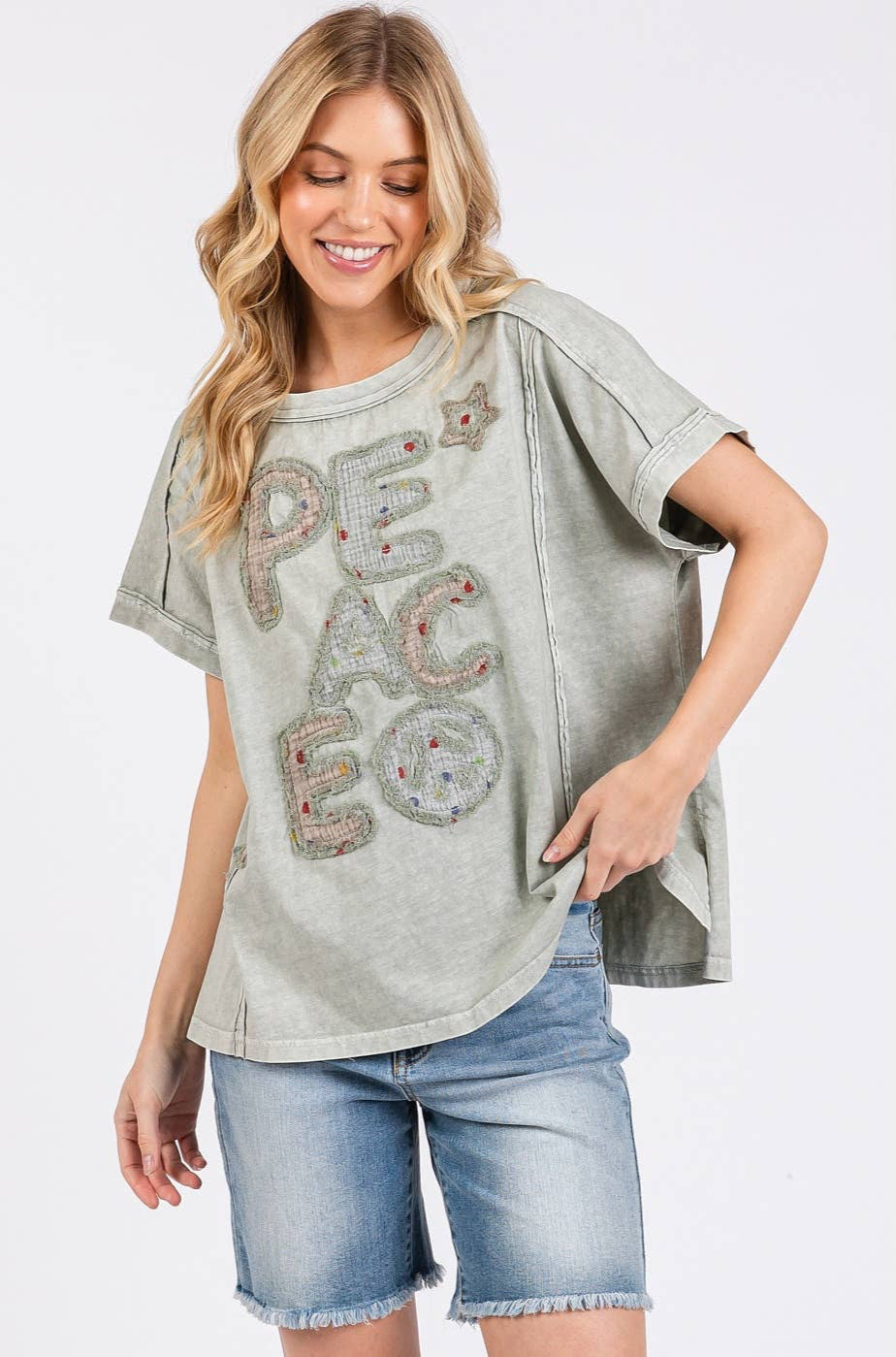 Paige Peace Sign Patchwork Top ~ Sage Grey