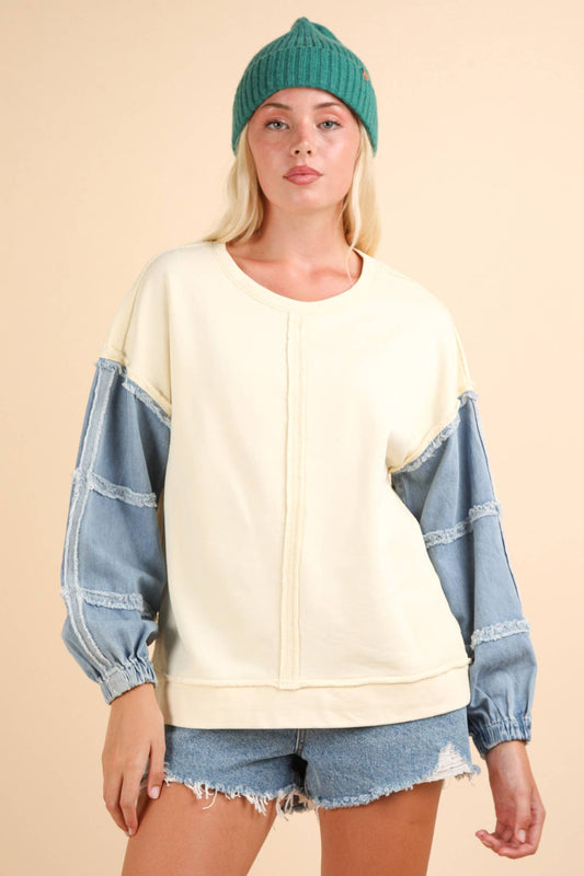 Angela Acid Washed Oversized Denim Sleeve Top ~ Cream