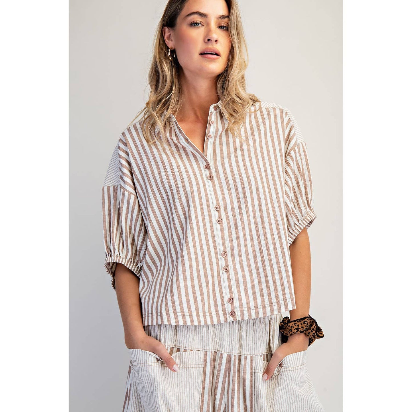 Blair Boxy Striped Button Down Shirt ~ Mocha
