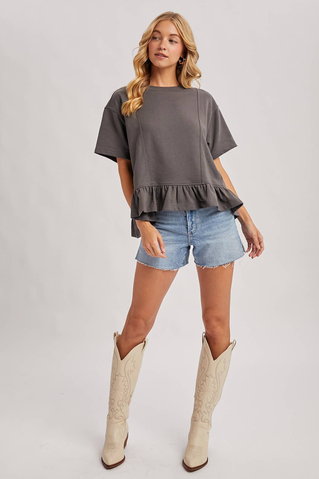 Regan Ruffled Peplum Hem Swing Knit Top ~ Ash