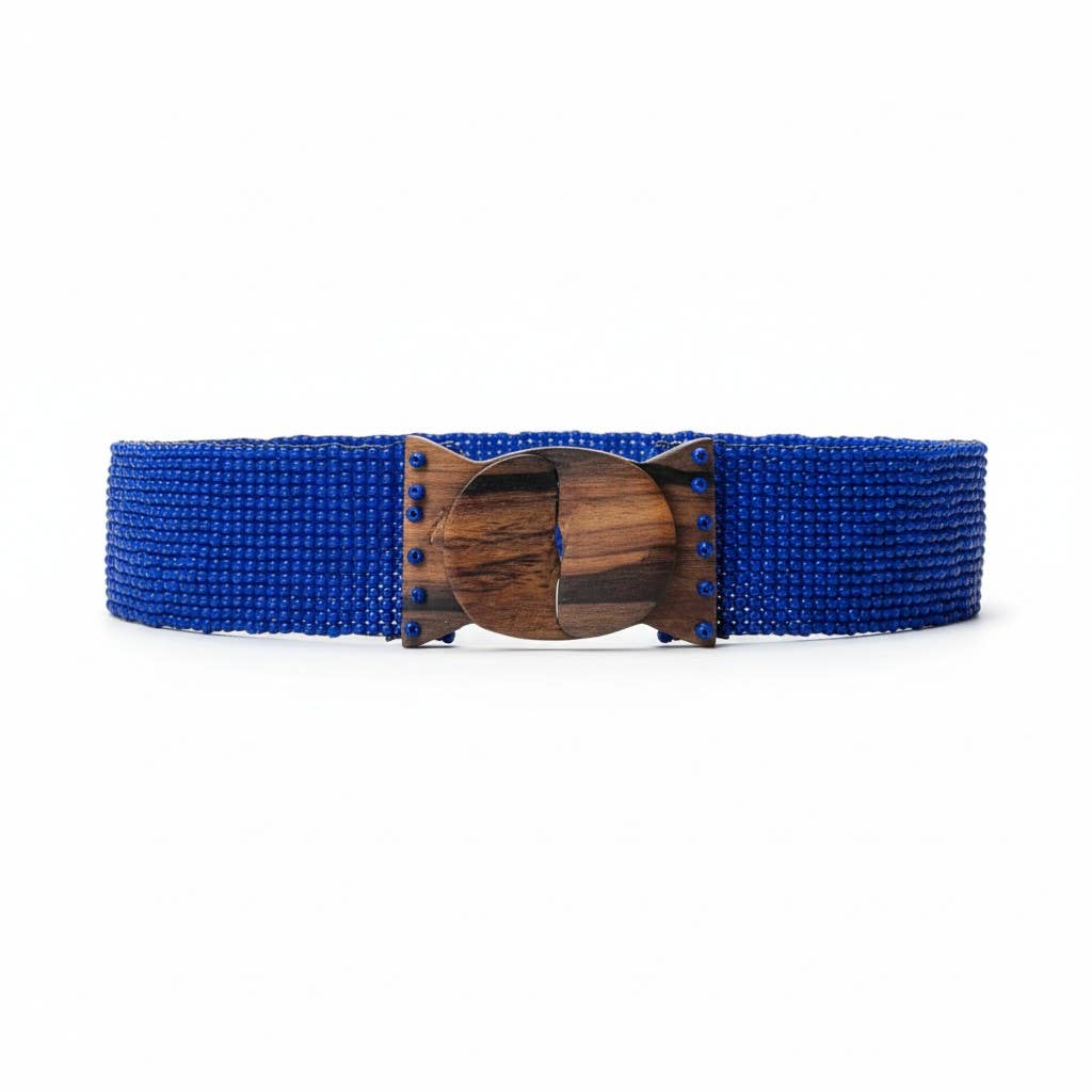 Stretchable Boho Chic Glass Beaded Belt with Wooden Buckle