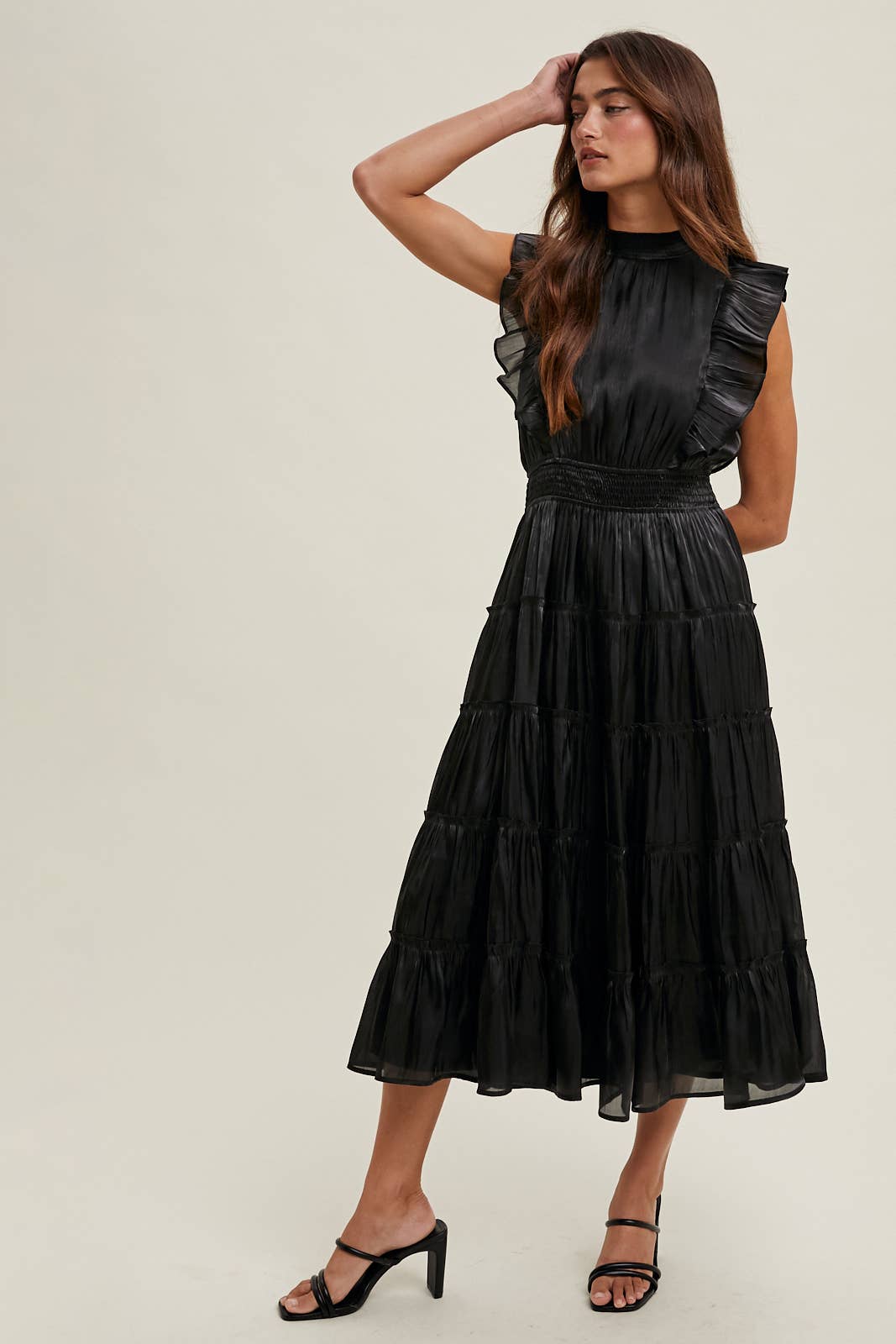 Odessa Organza Ruffle Tiered Midi Dress ~ Black