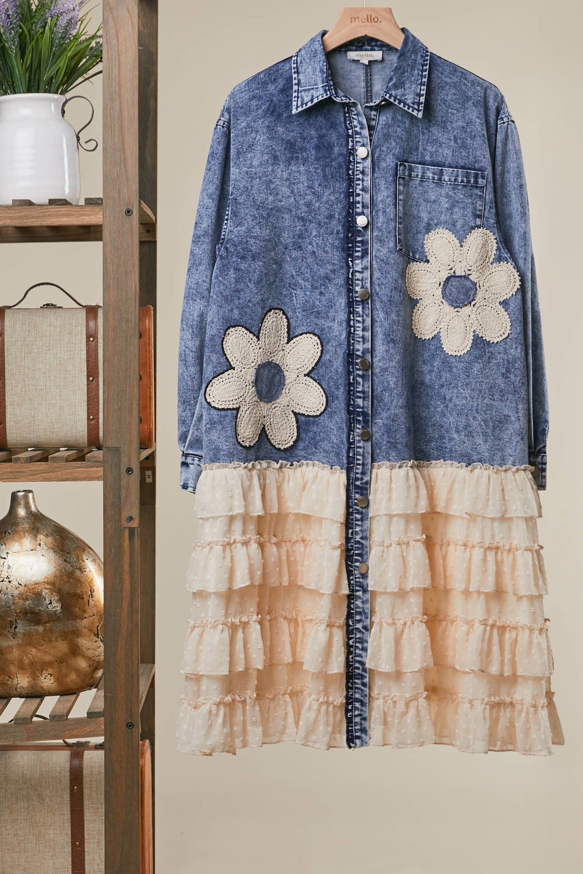 Sharron Floral Patch Washed Denim Lace Shirt Dress Ruffle ~ Indigo Blue