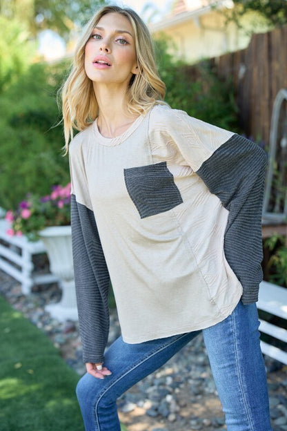 Sara Scoop Neck Pocket Top ~ Taupe