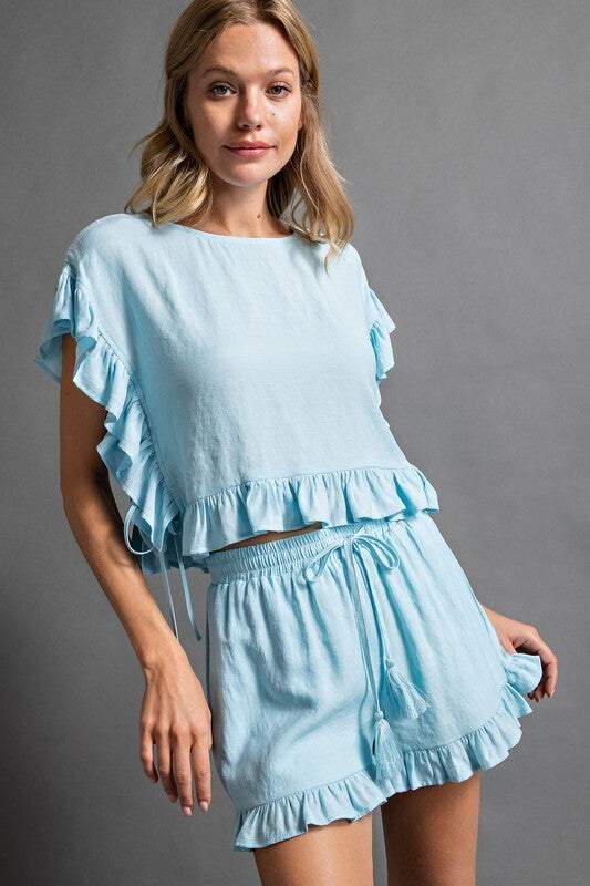 Emily Ruffled Detailing Crepe Crop Top ~ Sky Blue