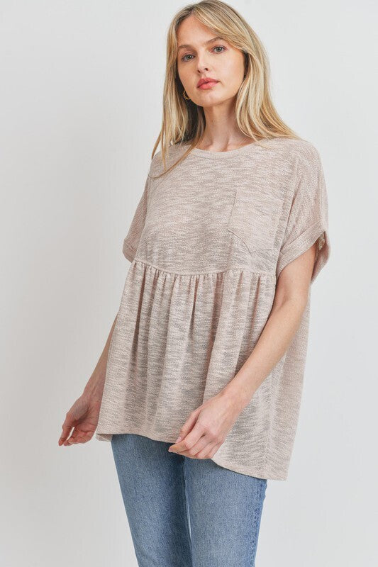 Ava Chest Pocket Slub Knit Peplum Top ~ Dusty Pink