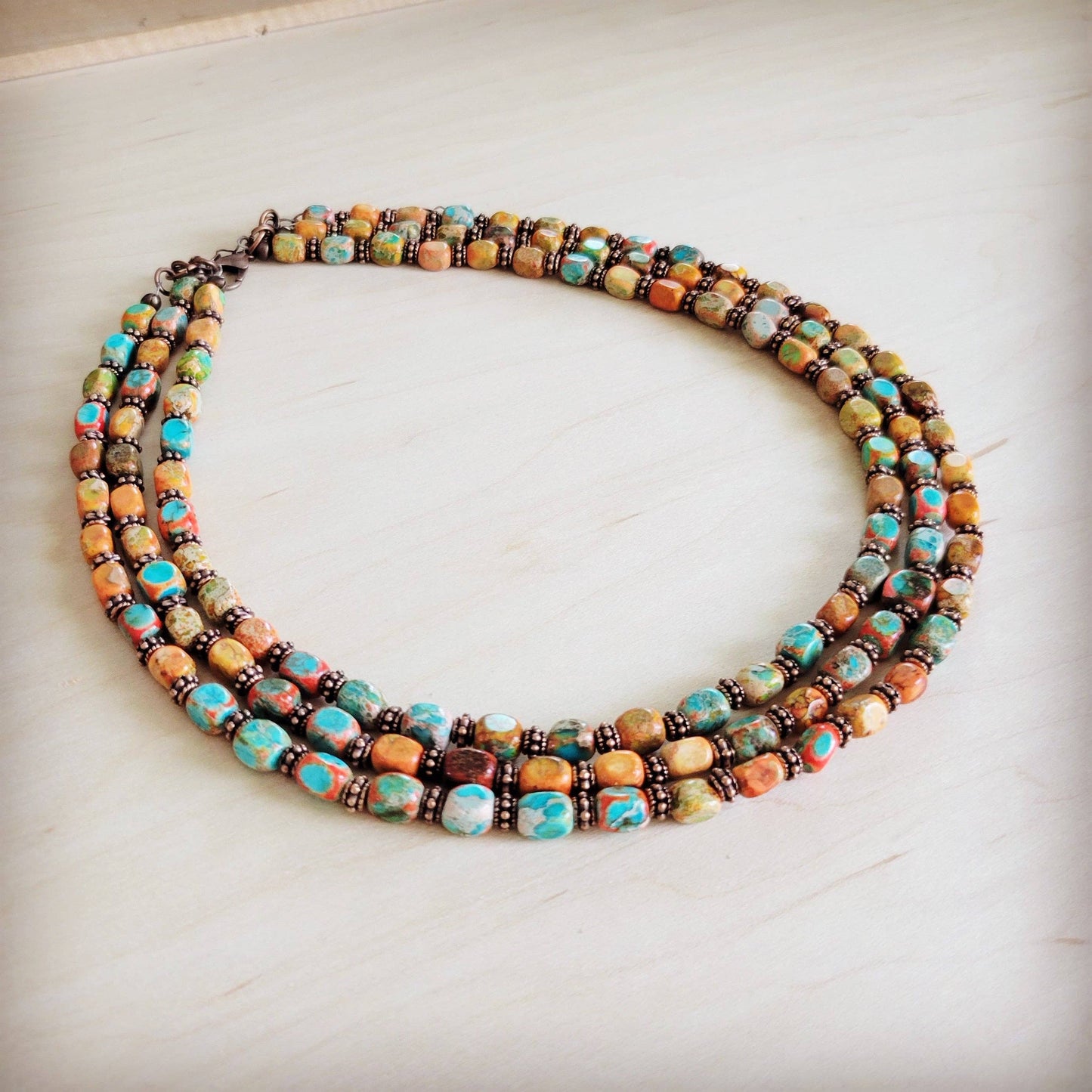 Triple Strand Layered Boho Sunrise Regalite Necklace