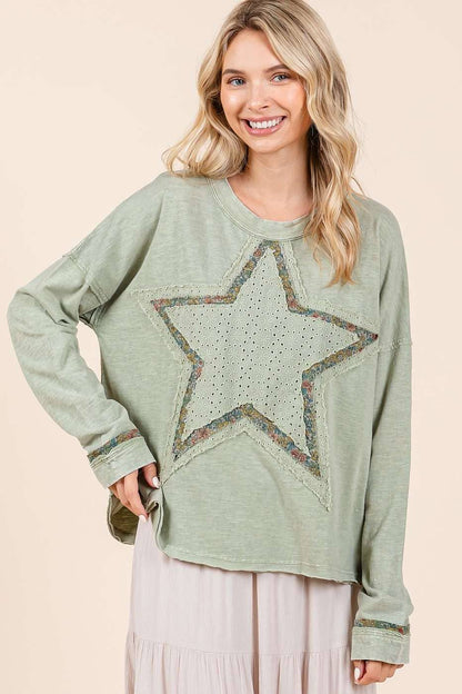 Avery Mineral Wash Star Patch Top ~ Sage