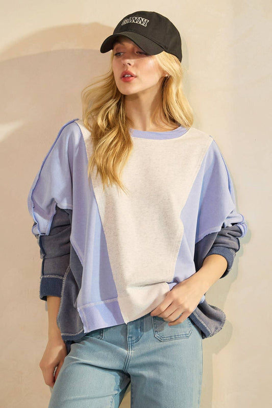 Dolly Mineral Wash Color Block Doman Sleeve Pullover ~ Blue