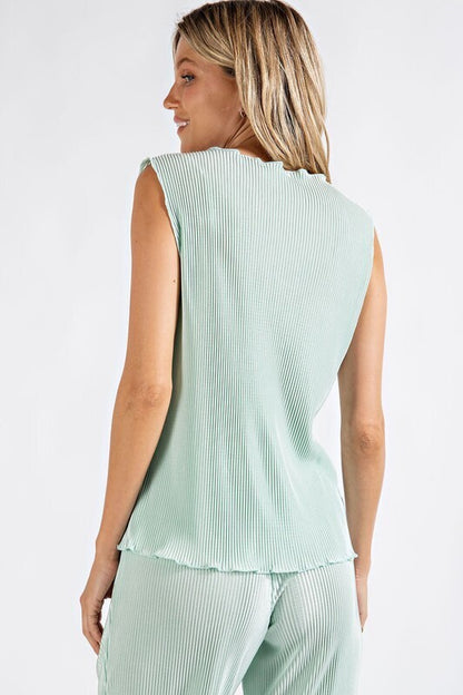 Peyton Pleated Sleeveless High Neck Top ~ Mint