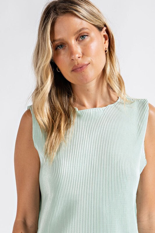 Peyton Pleated Sleeveless High Neck Top ~ Mint