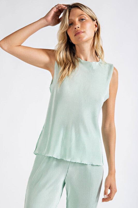 Peyton Pleated Sleeveless High Neck Top ~ Mint