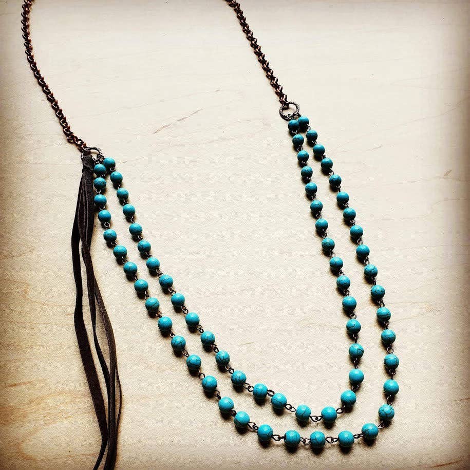 Blue Turquoise Beaded Necklace Leather Tassel