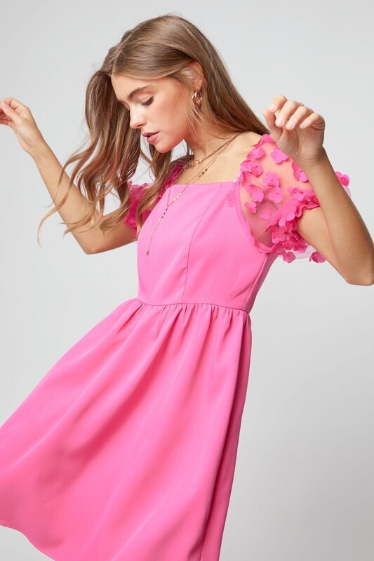 Karmen Fluffy Floral Puff Sleeve Dress ~ Hot Pink