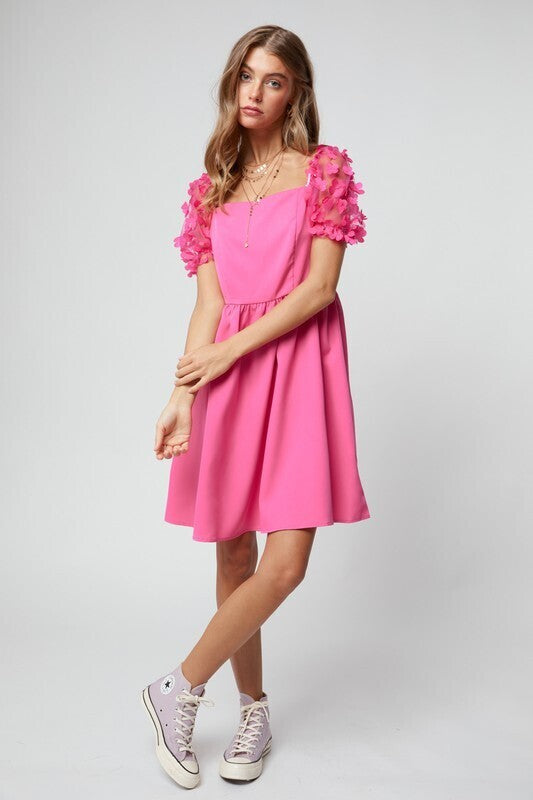 Karmen Fluffy Floral Puff Sleeve Dress ~ Hot Pink