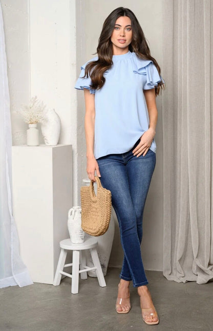 Marley Mock Neck Ruffle Sleeve Top ~ Ice Blue