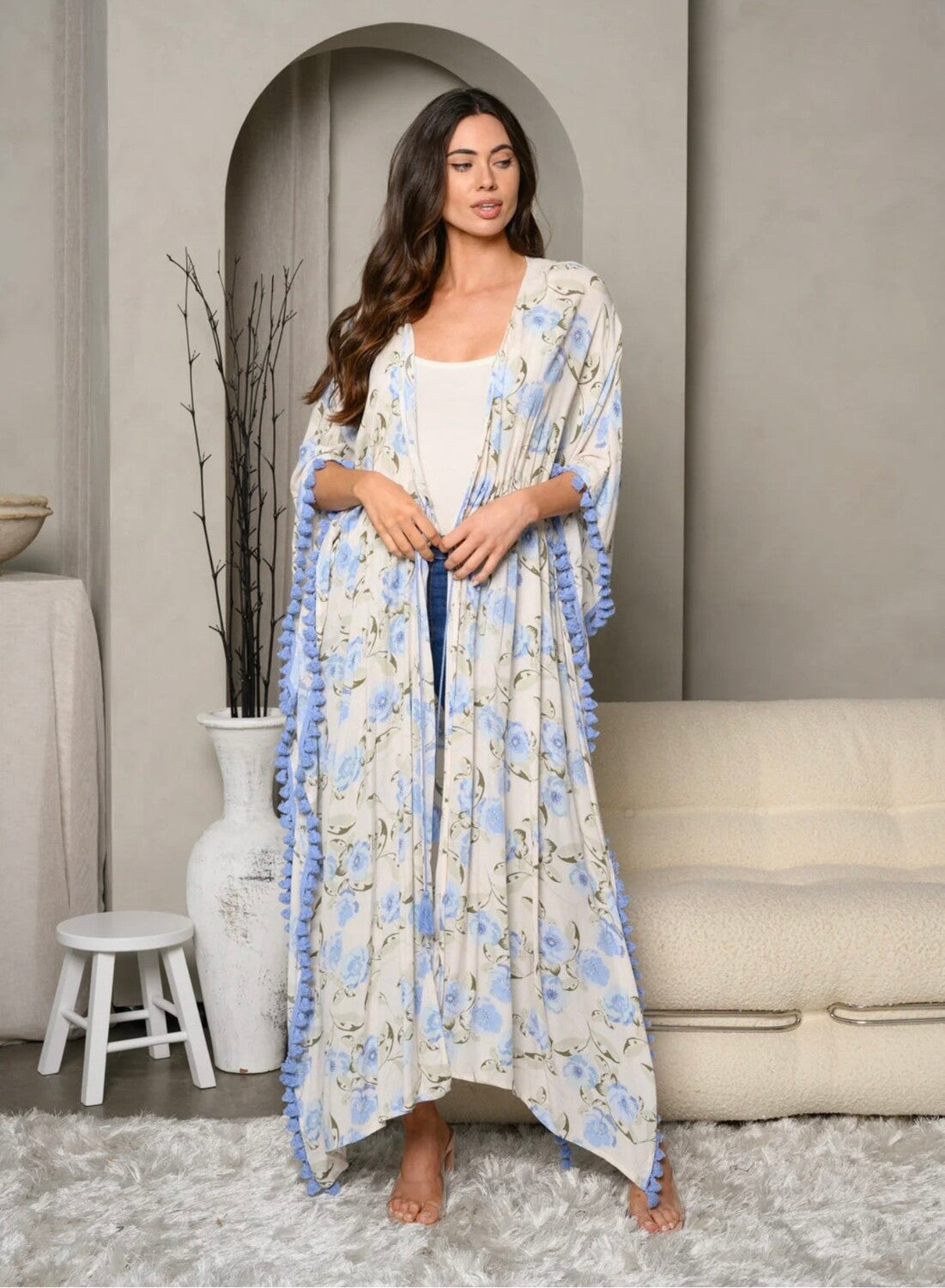 Farrah Floral Long Kimono ~ Blue Flower