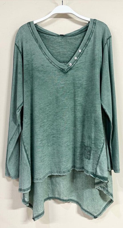 Mia Mineral Wash High Low Jersey Top ~ Jade Green