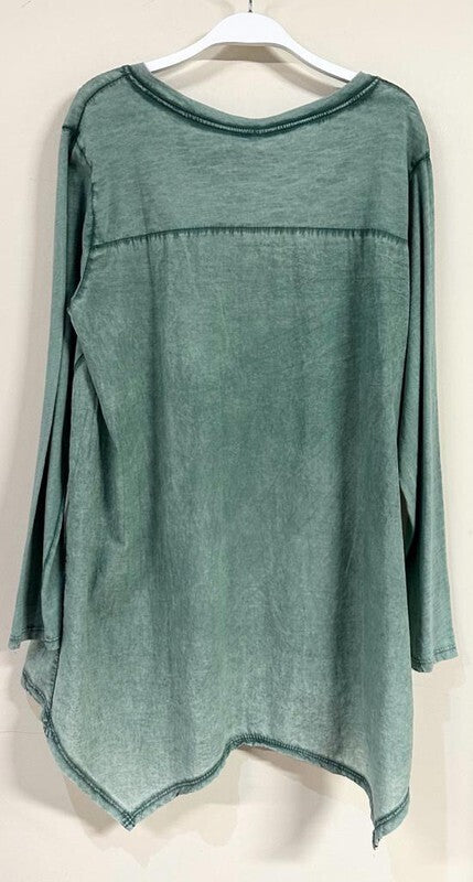 Mia Mineral Wash High Low Jersey Top ~ Jade Green